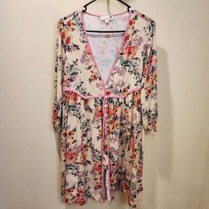 Mindy Mae's Market Floral Botto Down 3/4 Sleeves  Dresd  Pink Trim And Pockets M